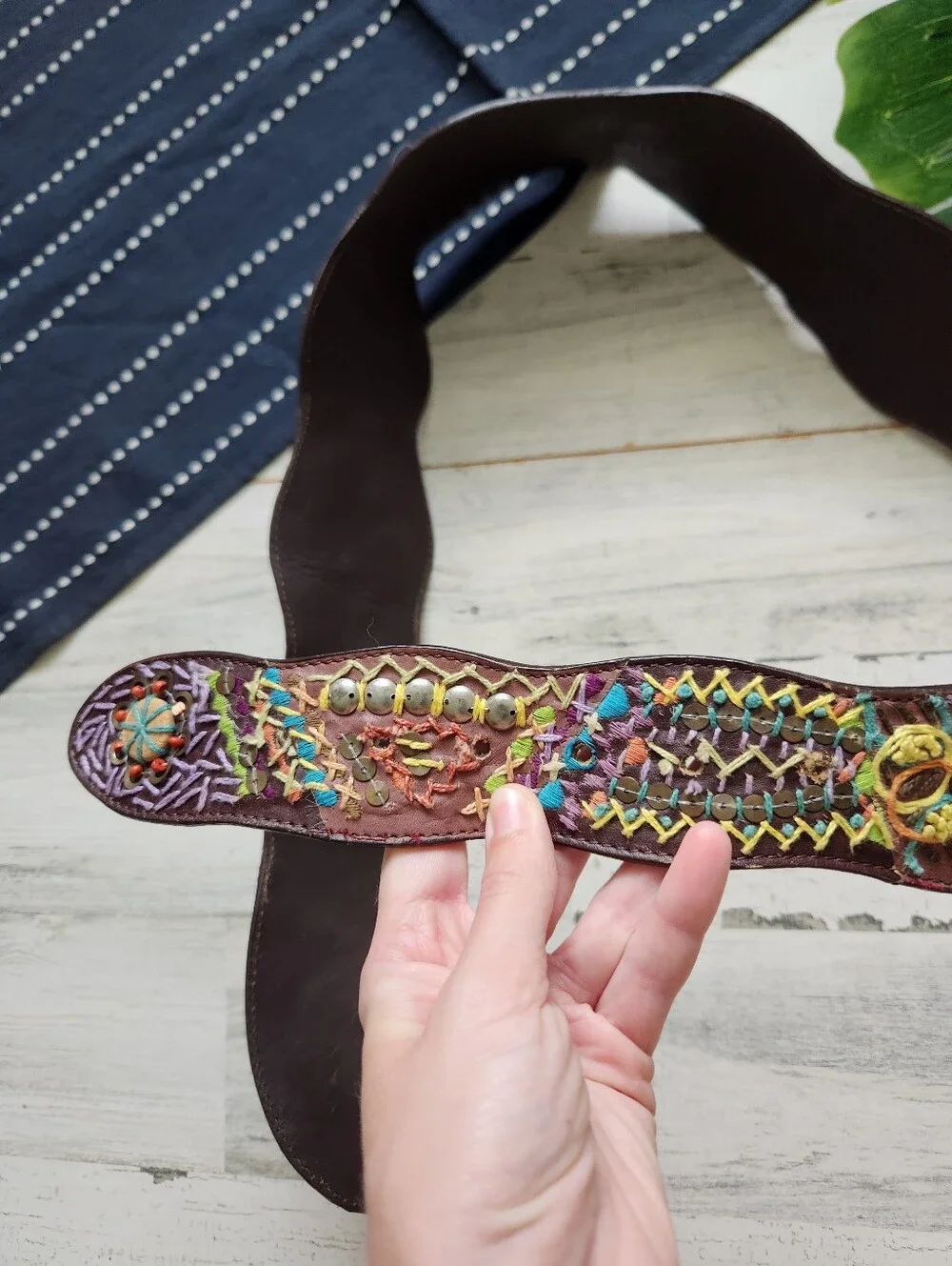 Chicos Embroidered Embellished Beaded Leather Wide Belt Brown Colorful Large